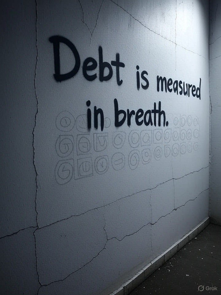 Graffiti on clinic wall reading 'Debt is measured in breath'