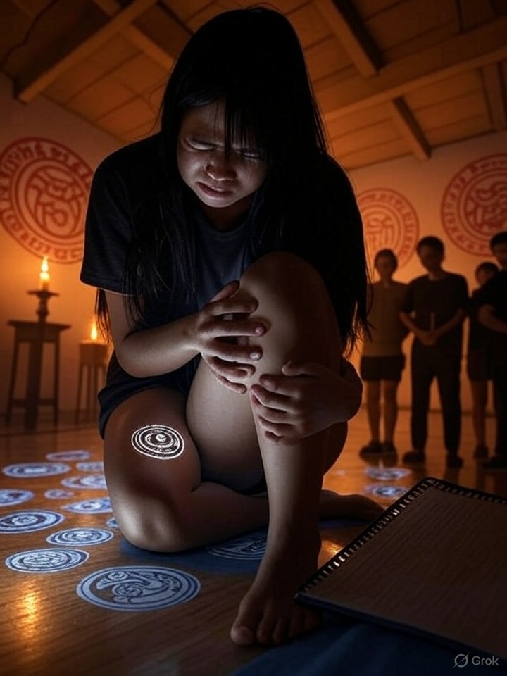 Child clutching leg mid-recitation
