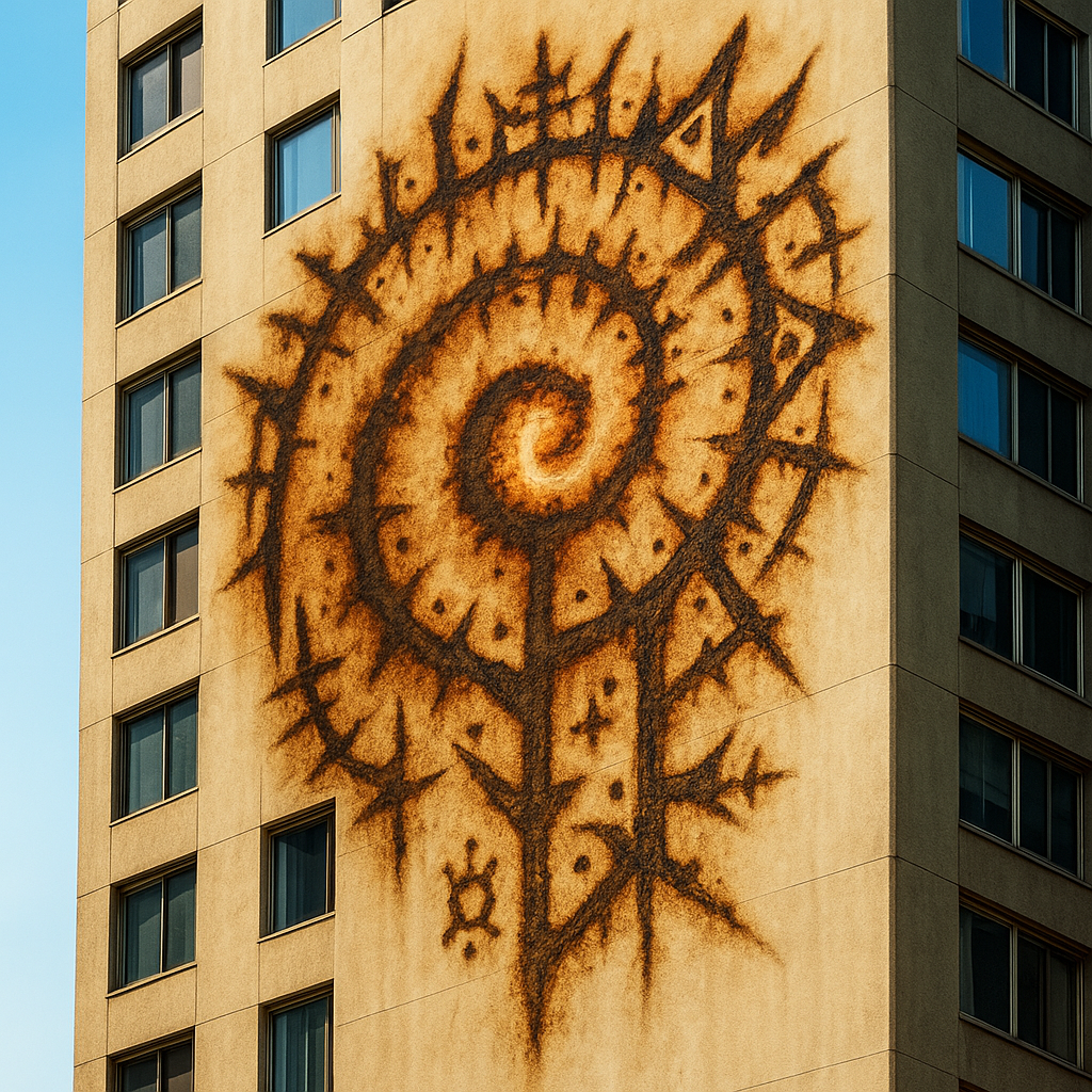 Apartment walls with scorched glyph outlines