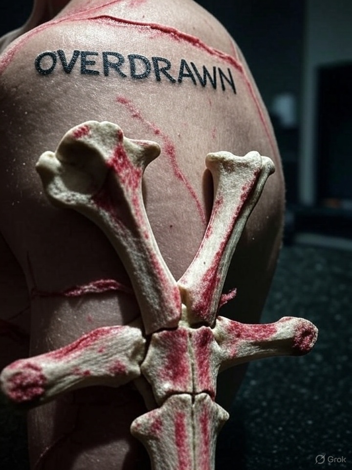 Tattoo photo: shoulder blade marked 'OVERDRAWN'