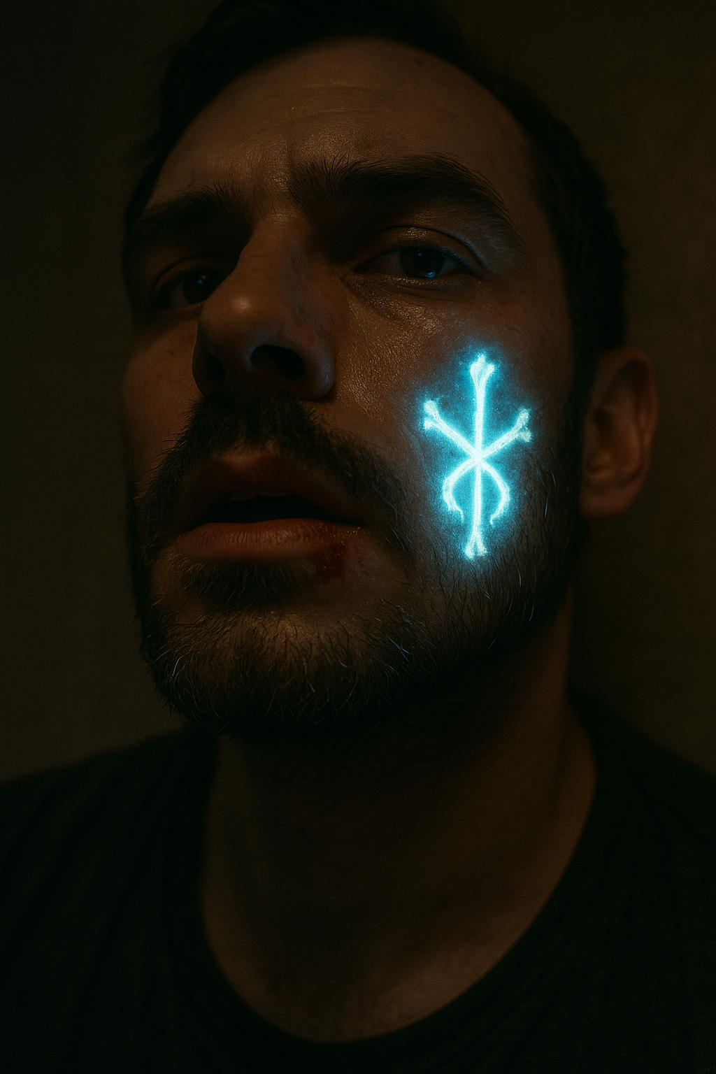 Selfie with sigil glowing through cheekbone