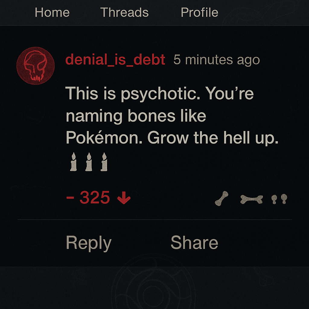 Forum rant screenshot with red downvotes and bone emoji replies