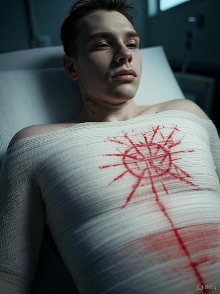 Photo of gauze-covered chest with red glyphing