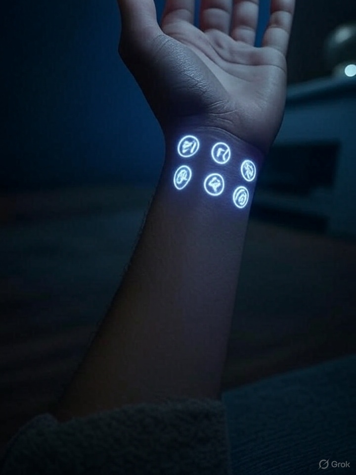 Wrist with seven fine glowing glyphs