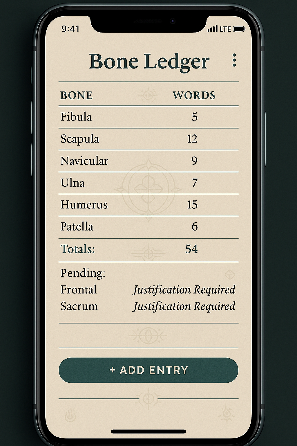 Phone screenshot of ledger with word counts and bone list