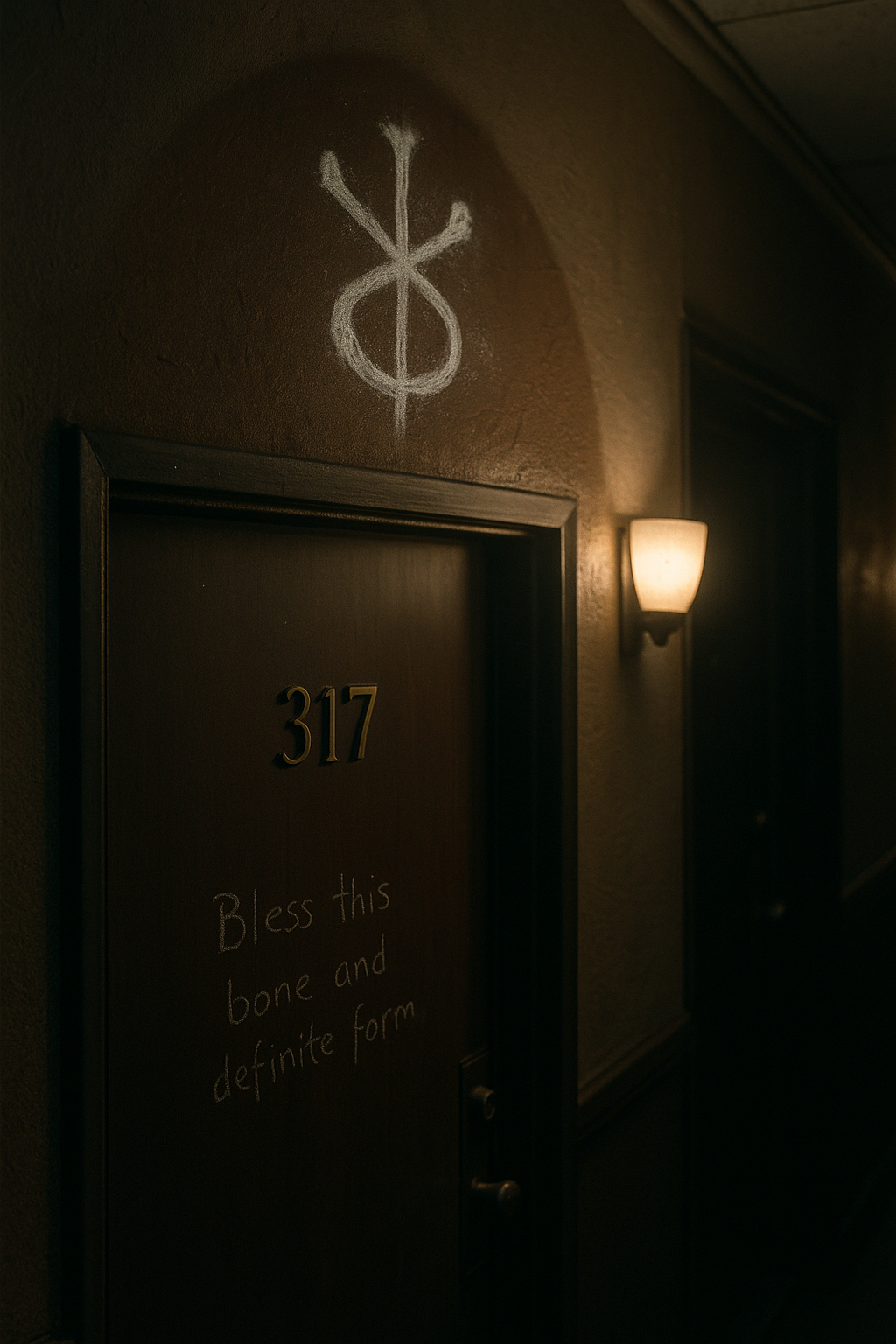 Handwritten glyph on wall beside apartment door